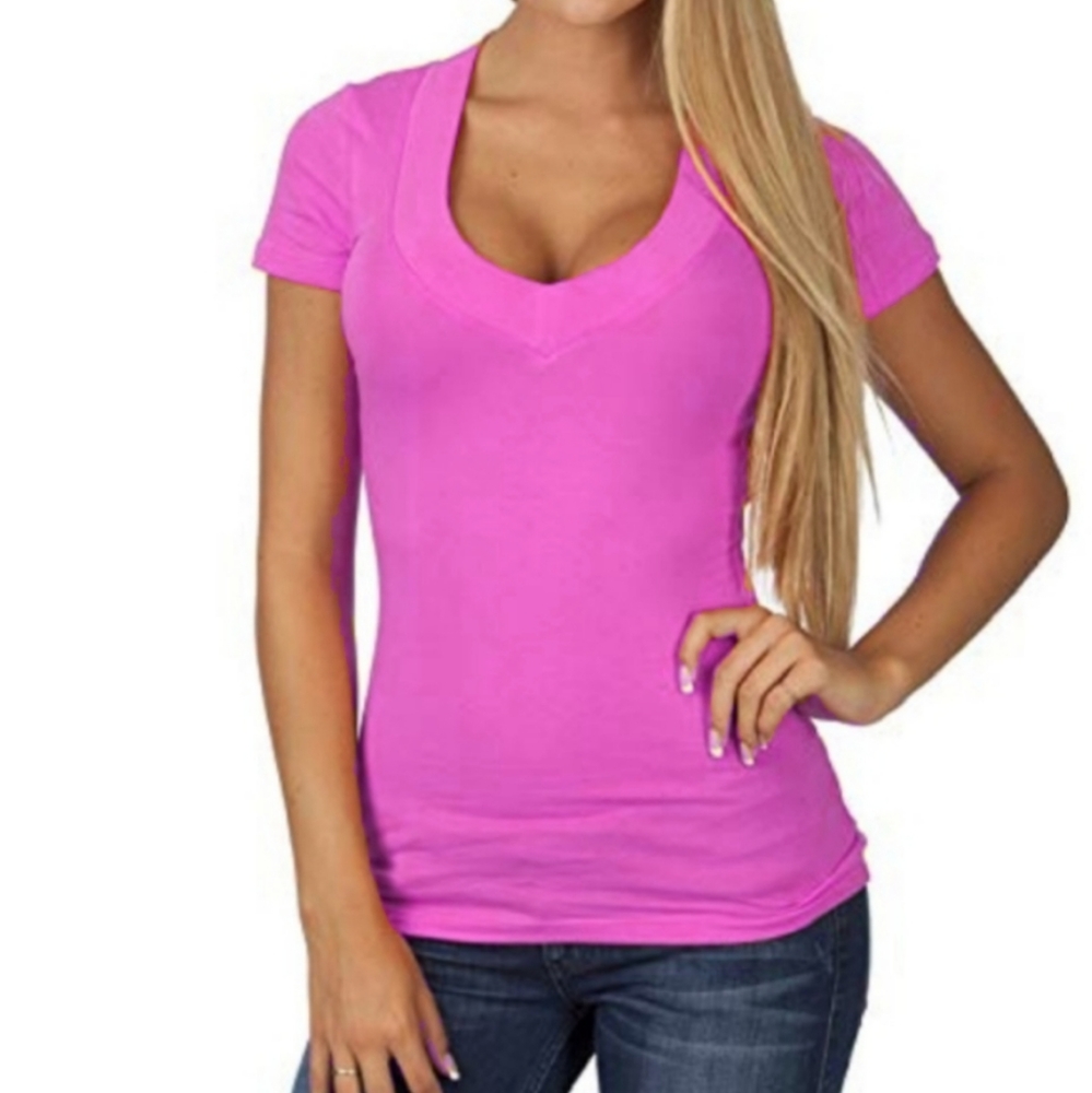 Pink wide band casual fitted vneck lowcut short sleeve solid tee shirt top